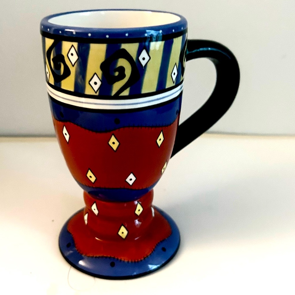 BELLA CASA by GANZ Coffee Tea Mug Red Blue Yellow swirl diamond Pattern pedestal